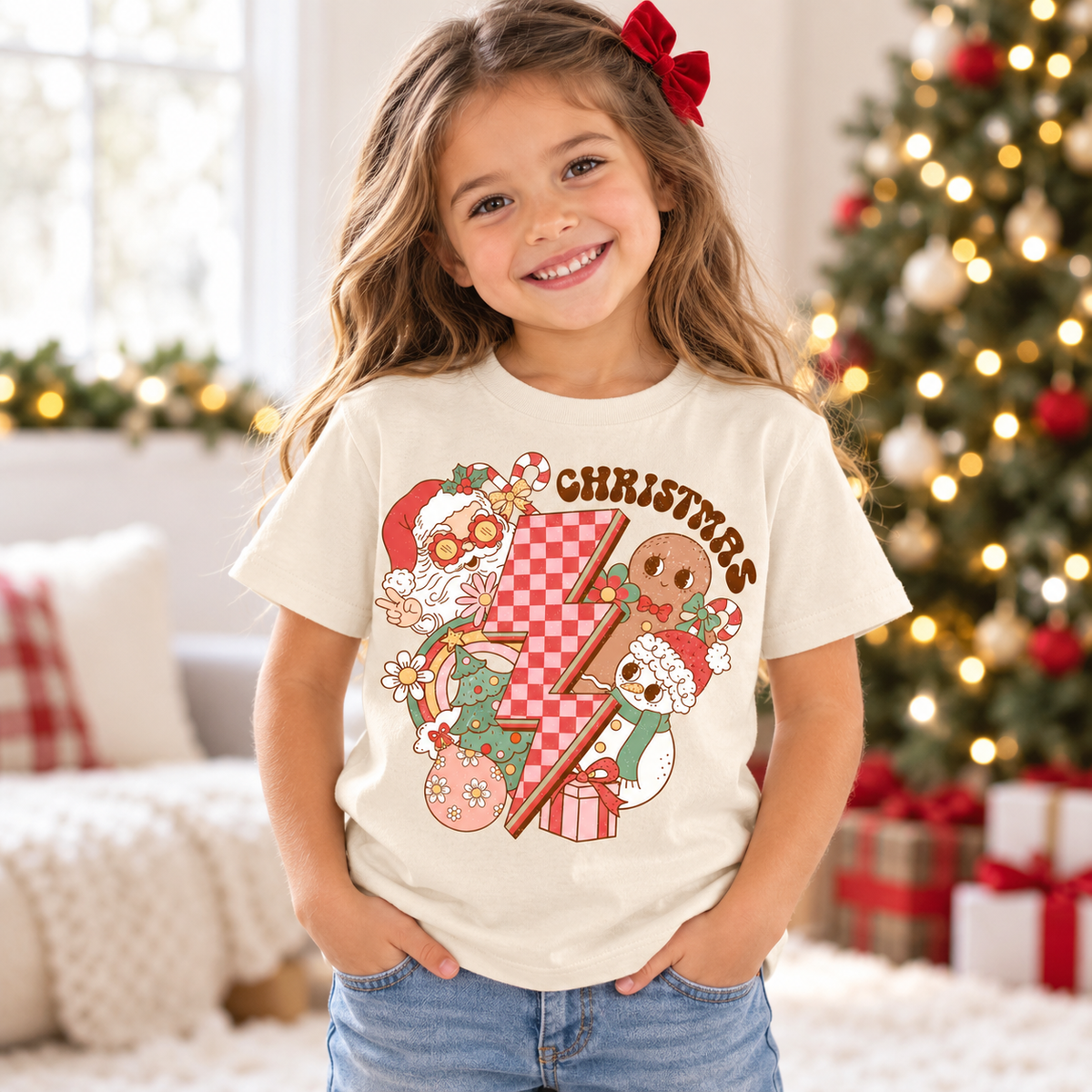 Child wearing natural Christmas Characters Shirt in a festive Christmas setting