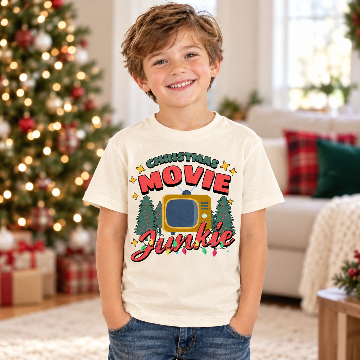 Child wearing natural Christmas Movie Junkie Shirt in a festive Christmas setting