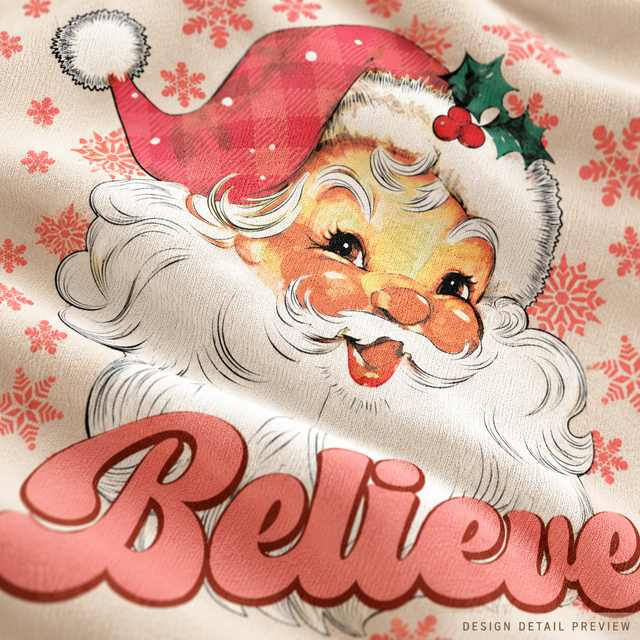 Illustrative close-up design preview of Santa Claus Believe Shirt on natural fabric