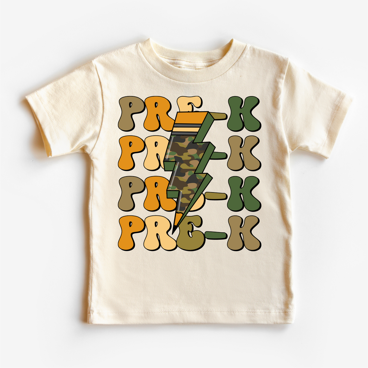 Pre-K Camo Lighting Bolt, Back To School graphic T-shirt by Madi Moosh