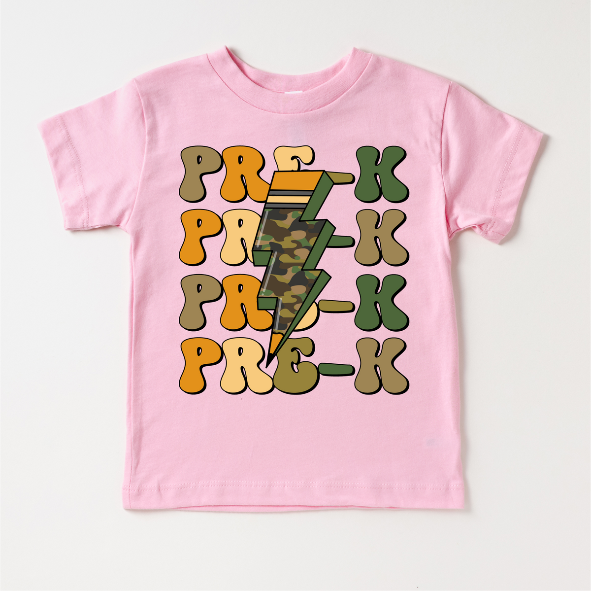 Pre-K Camo Lighting Bolt design on a pink garment.