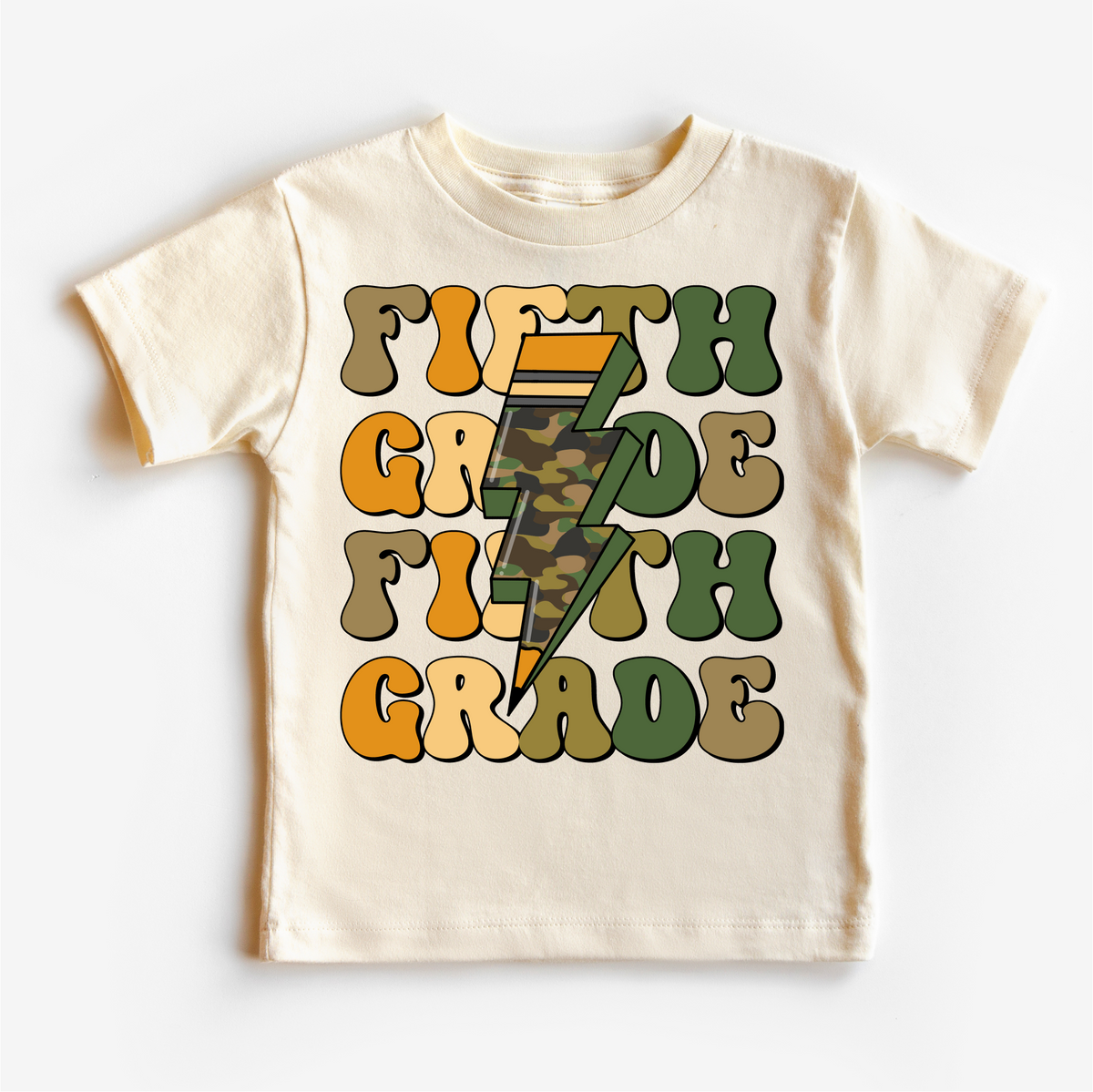 Fifth Grade Camo Lighting Bolt, Back To School graphic T-shirt by Madi Moosh