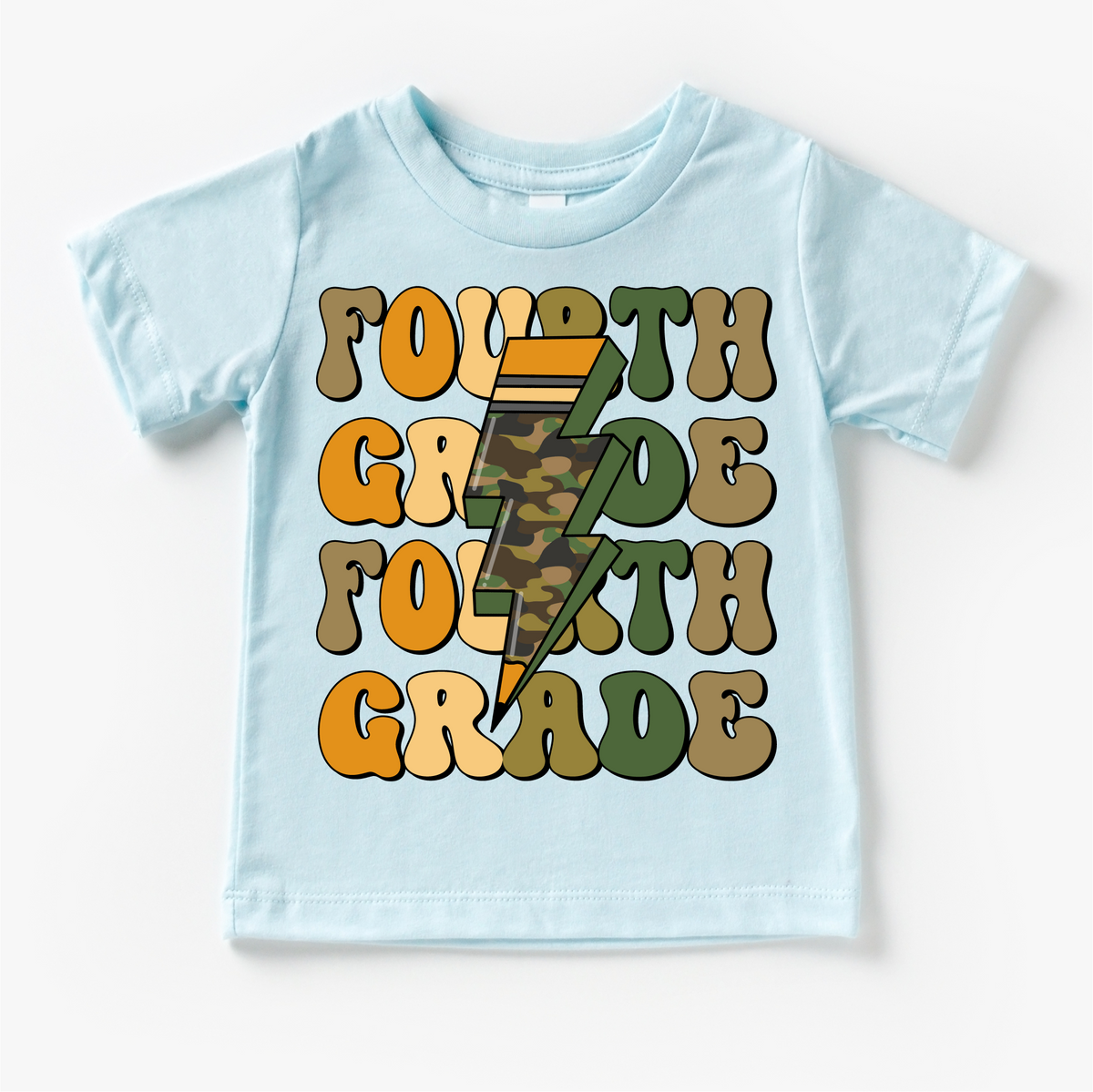 Fourth Grade Camo Lighting Bolt design on a blue garment.