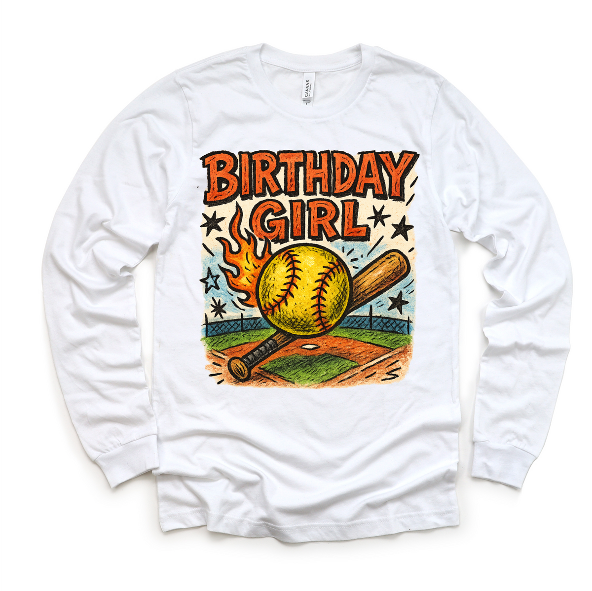 Girls Softball Birthday design on a long sleeve shirt.