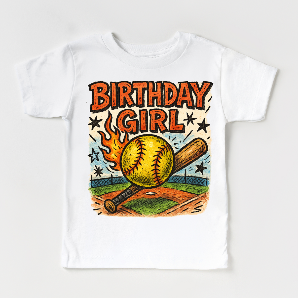 Girls Softball Birthday design on a white garment.