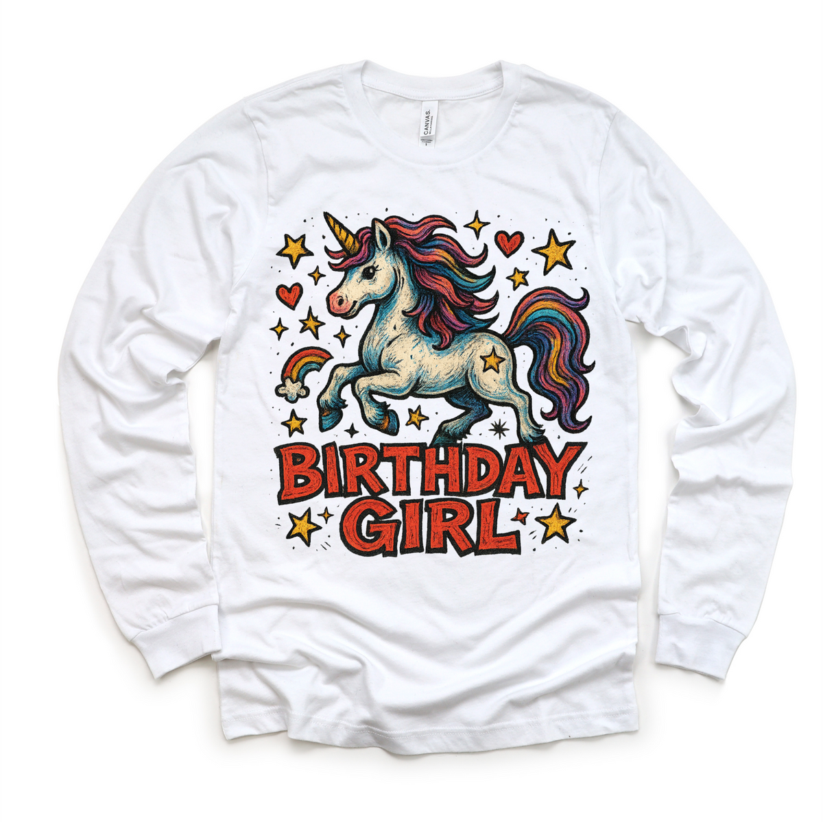 Girls Unicorn Birthday design on a long sleeve shirt.