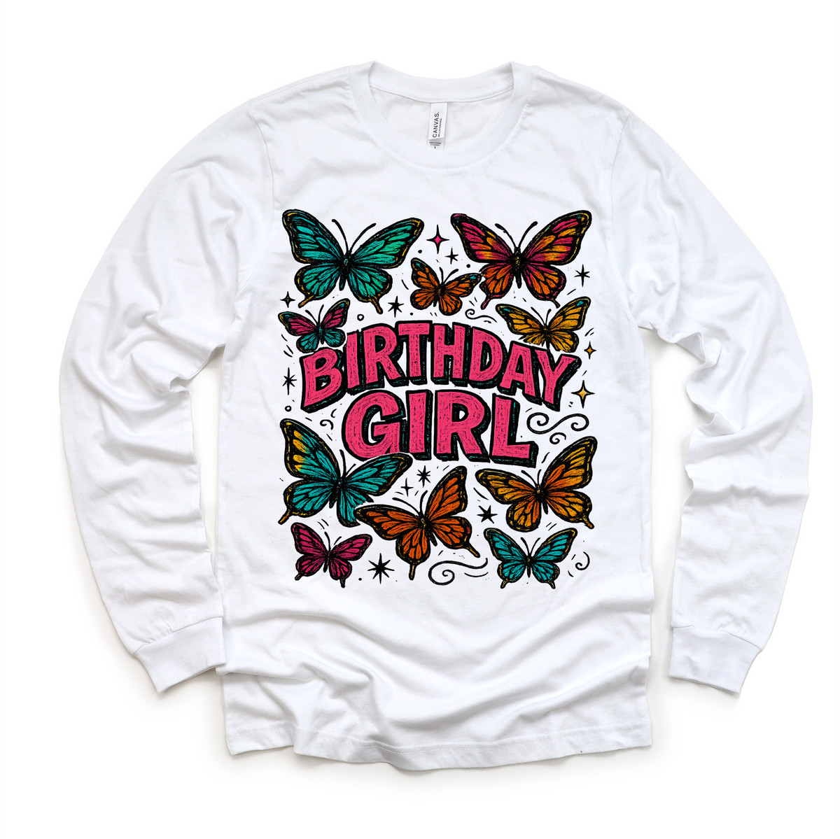 Girls Butterfly Birthday design on a long sleeve shirt.