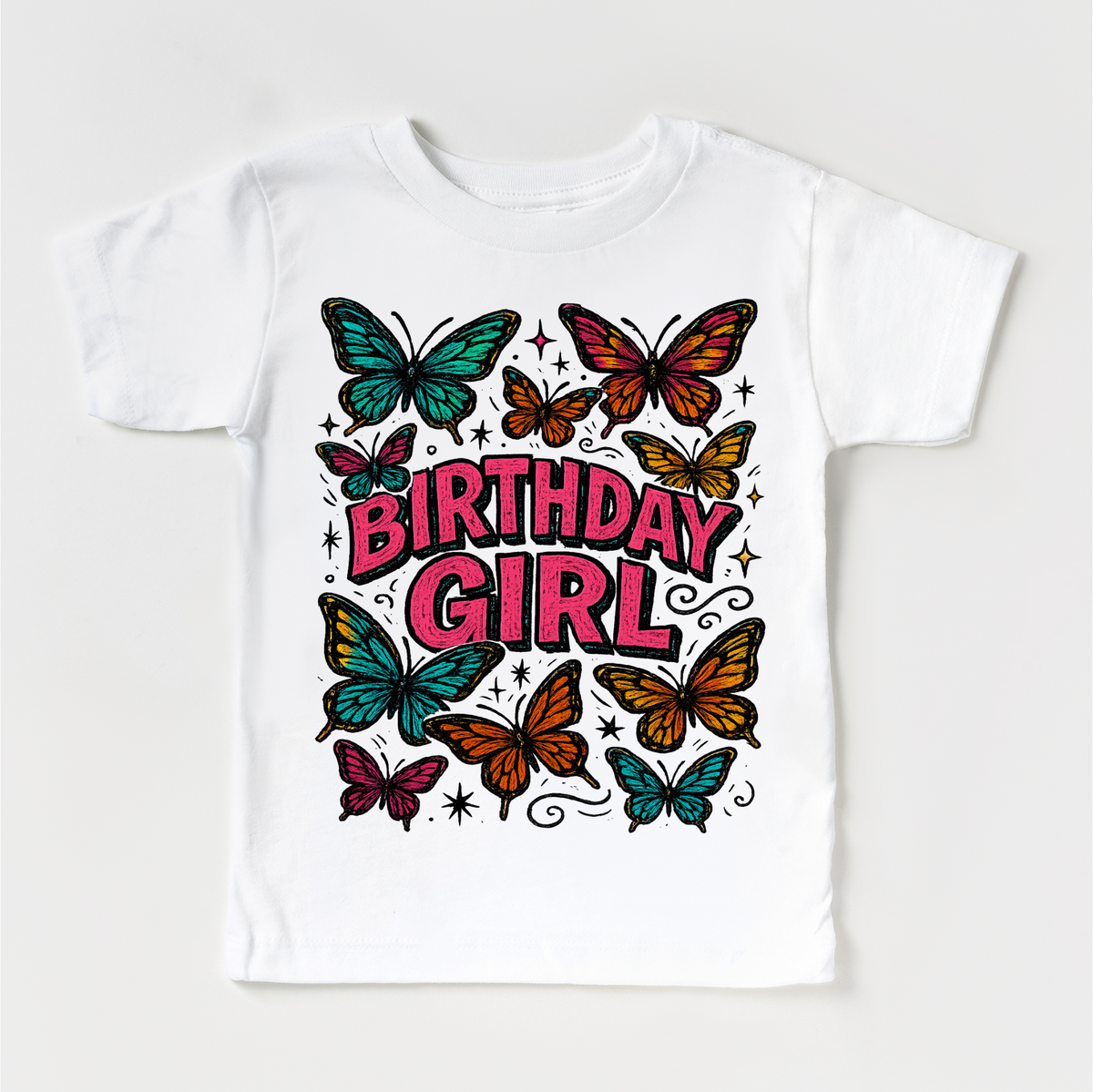 Girls Butterfly Birthday design on a white garment.