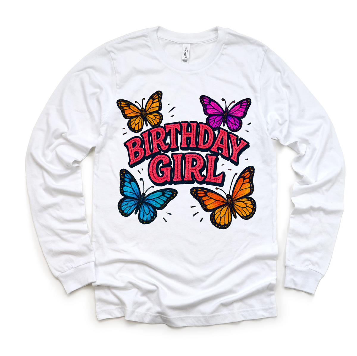 Girls Butterfly Birthday design on a long sleeve shirt.