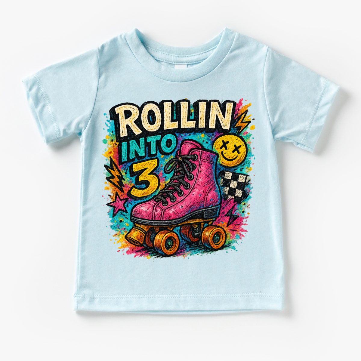 Rollin Into 3 Roller Skating Birthday design on a blue garment.