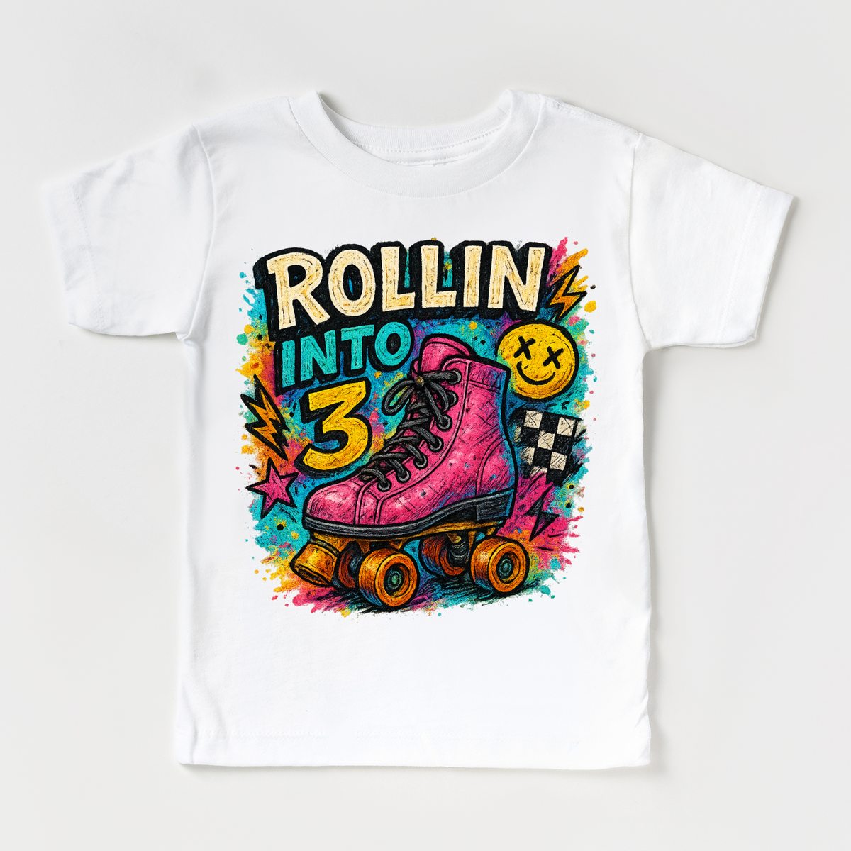 Rollin Into 3 Roller Skating Birthday design on a white garment.