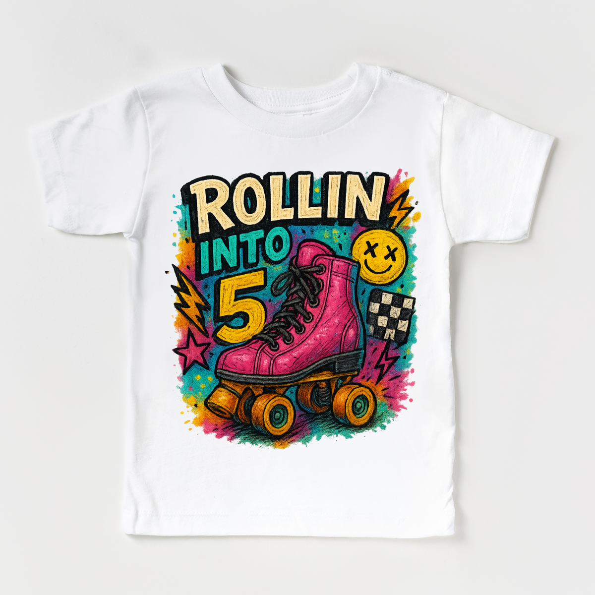 Rollin Into 5 Roller Skating Birthday design on a white garment.