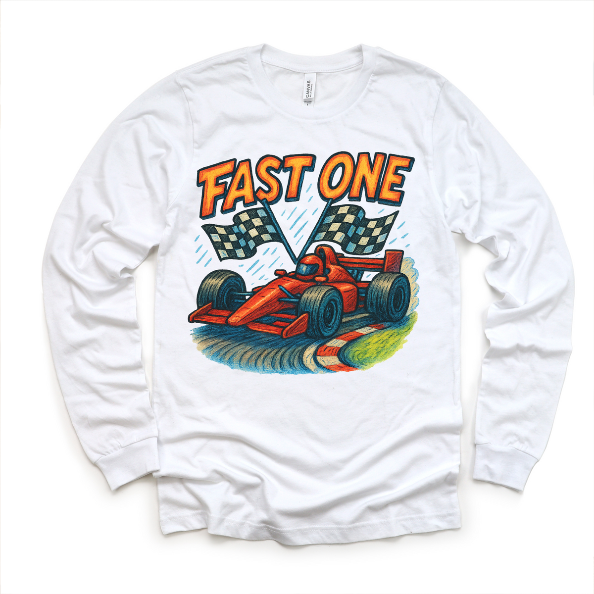 Fast One Racecar 1st Birthday design on a long sleeve shirt.