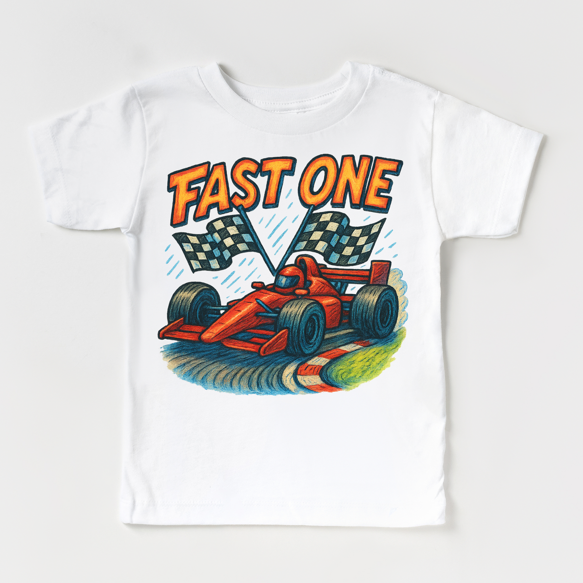 Fast One Racecar 1st Birthday design on a white garment.