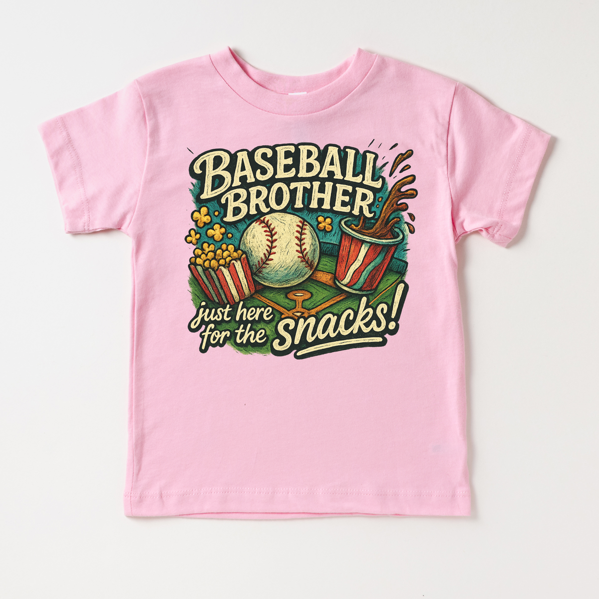 Baseball Brother I'm Here For The Snacks design on a pink garment.