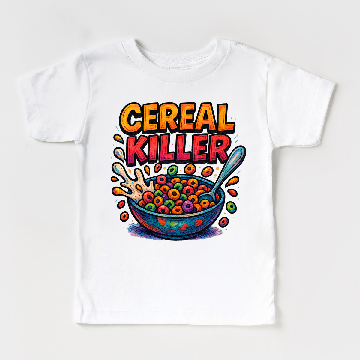 Funny Cereal Killer Breakfast design on a white garment.