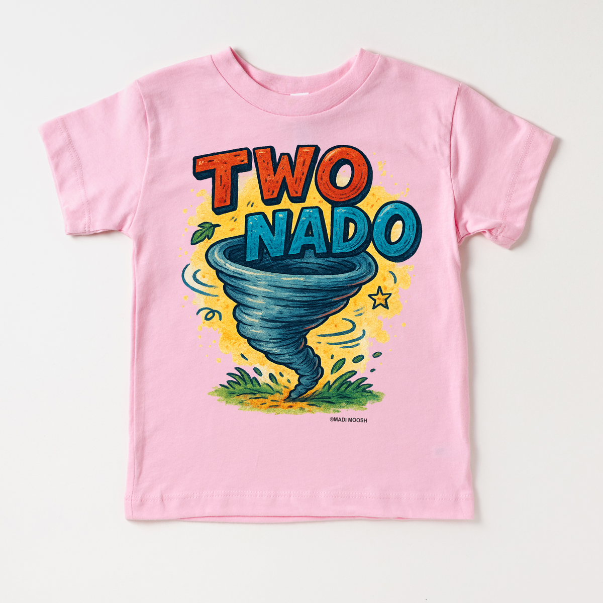 Two Nado Tornado Birthday design on a pink garment.