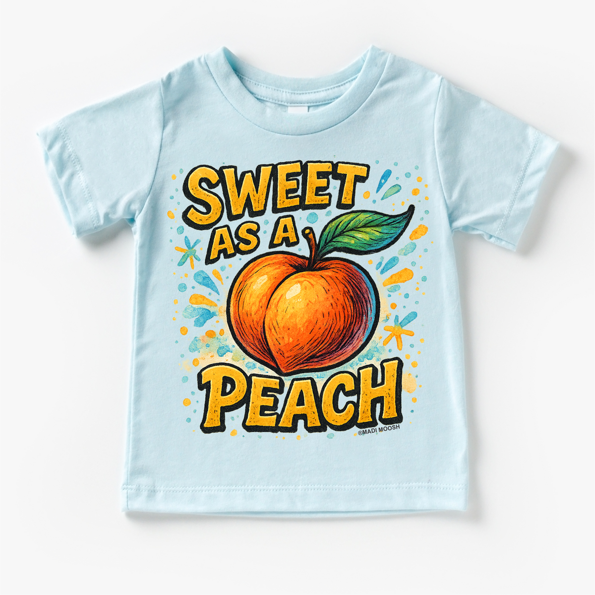 Sweet As A Peach Fruit design on a blue garment.