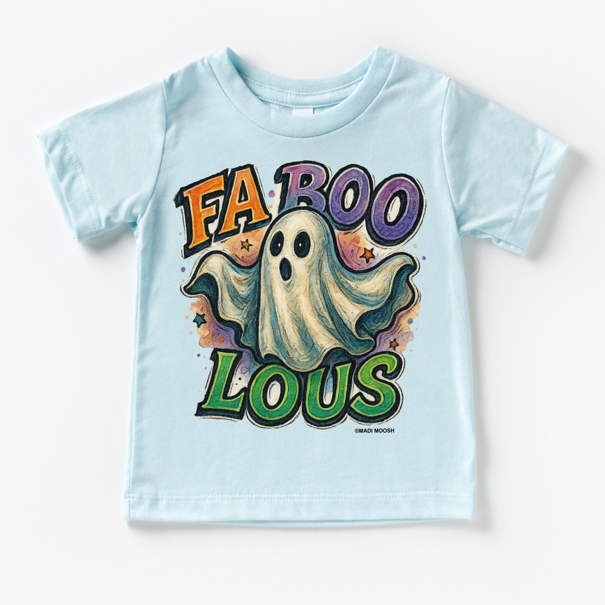 Fab Boo Lous Halloween design on a blue garment.