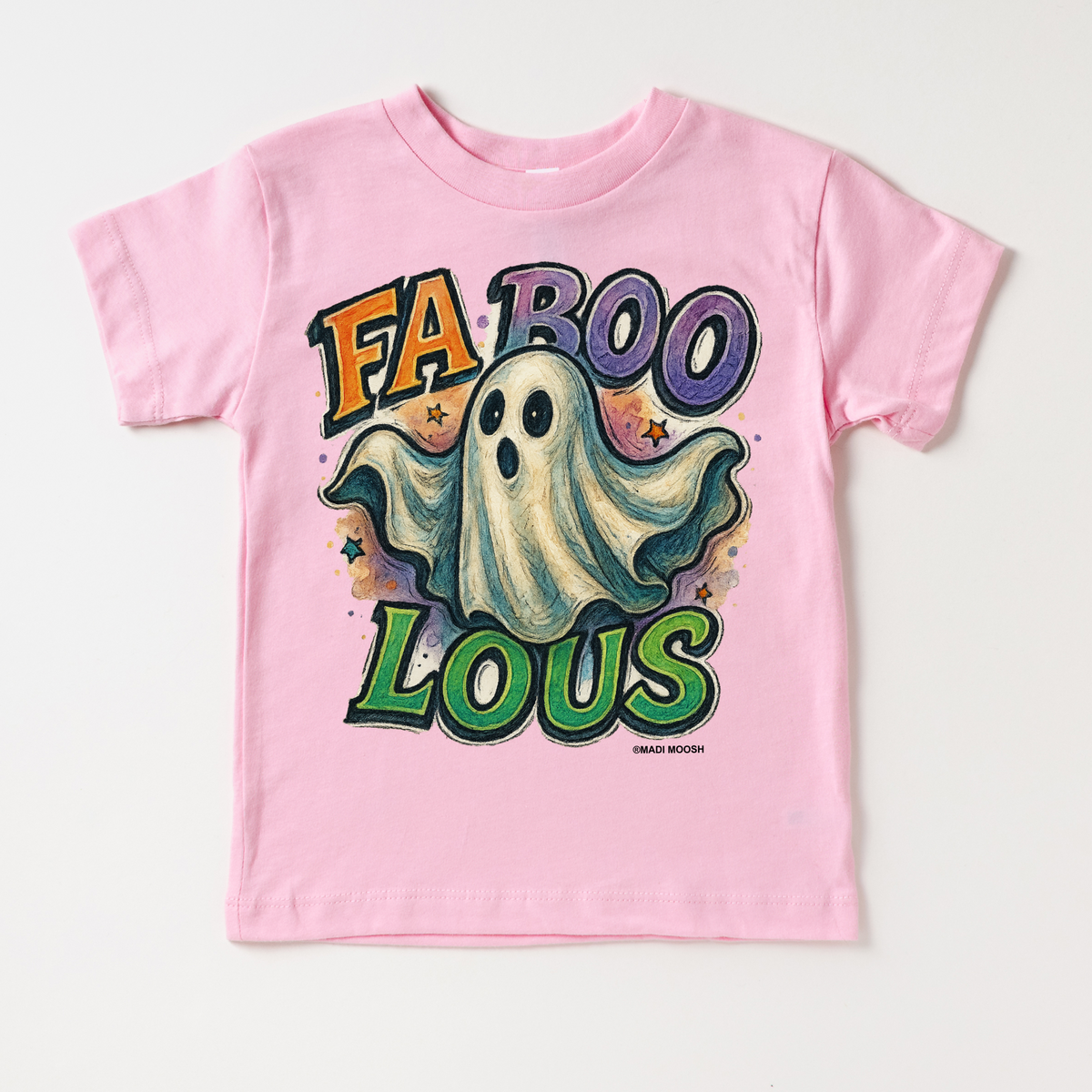 Fab Boo Lous Halloween design on a pink garment.