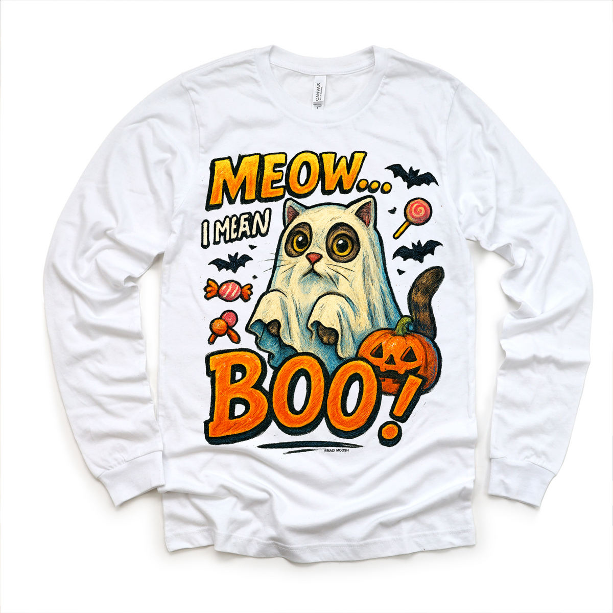 Meow.. I Mean Boo Halloween Cat design on a long sleeve shirt.