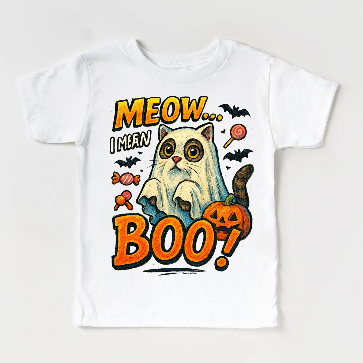 Meow.. I Mean Boo Halloween Cat design on a white garment.