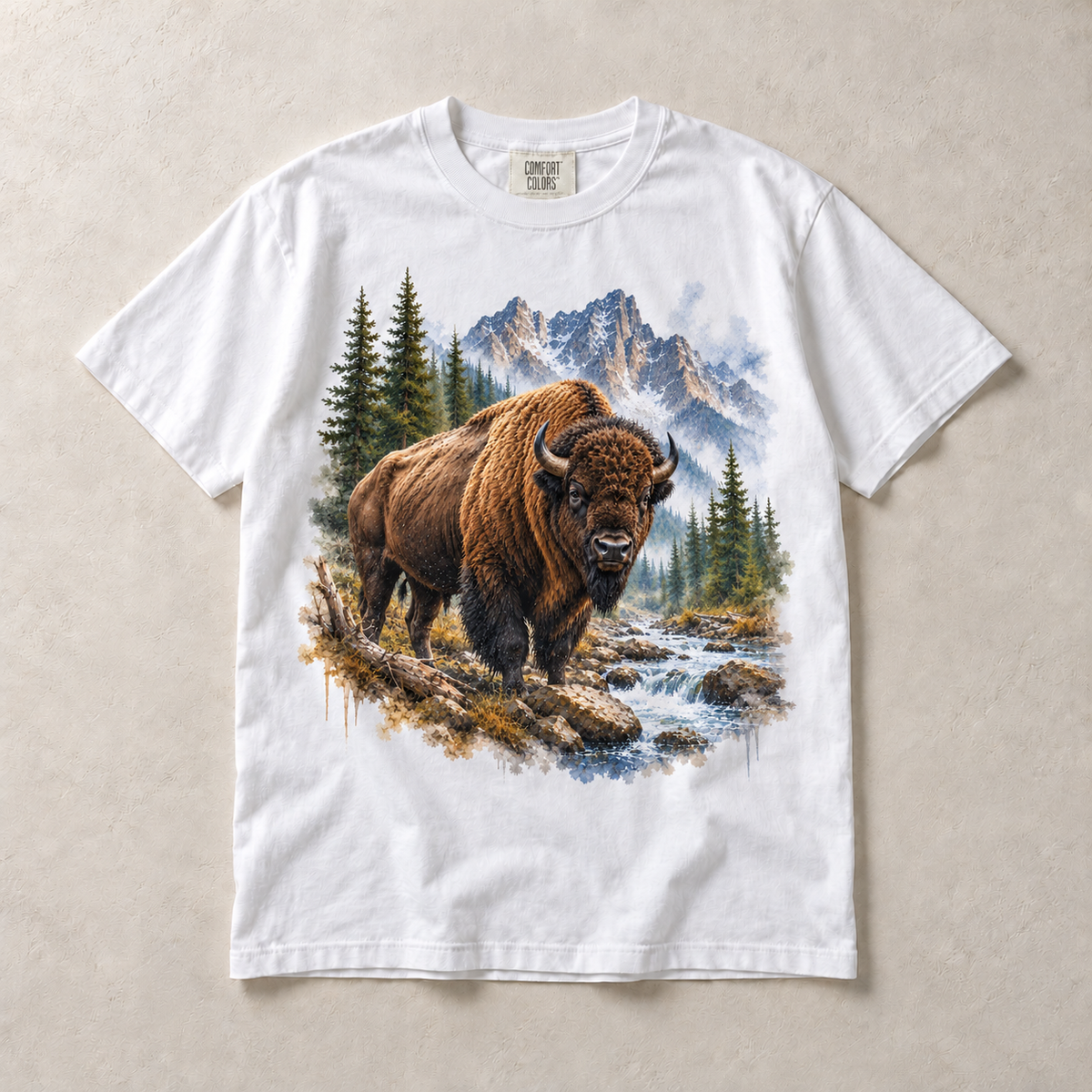 White Comfort Colors short-sleeve T-shirt with Bison Mountain graphic, front flat lay