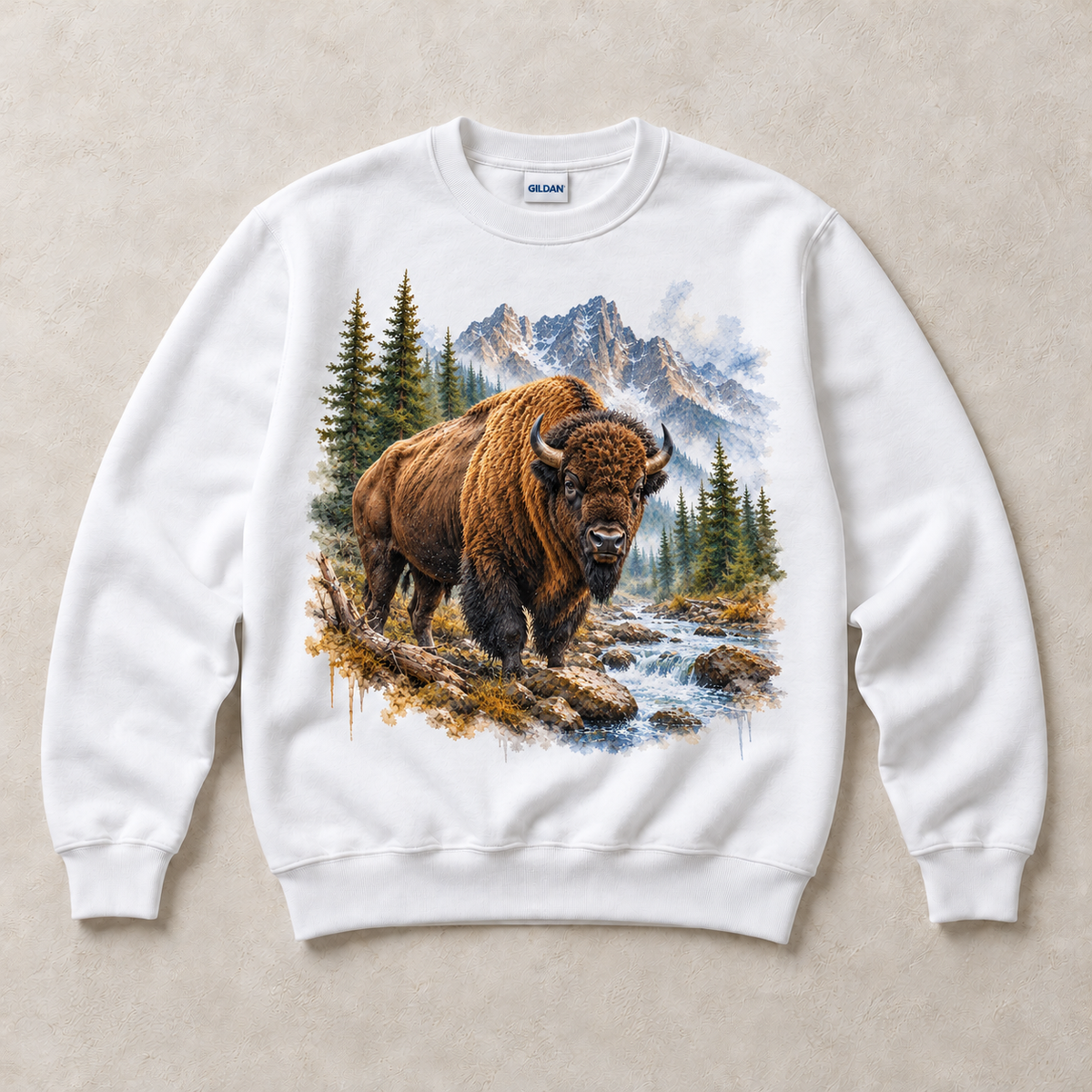 White Gildan crewneck sweatshirt with Bison Mountain graphic, front flat lay