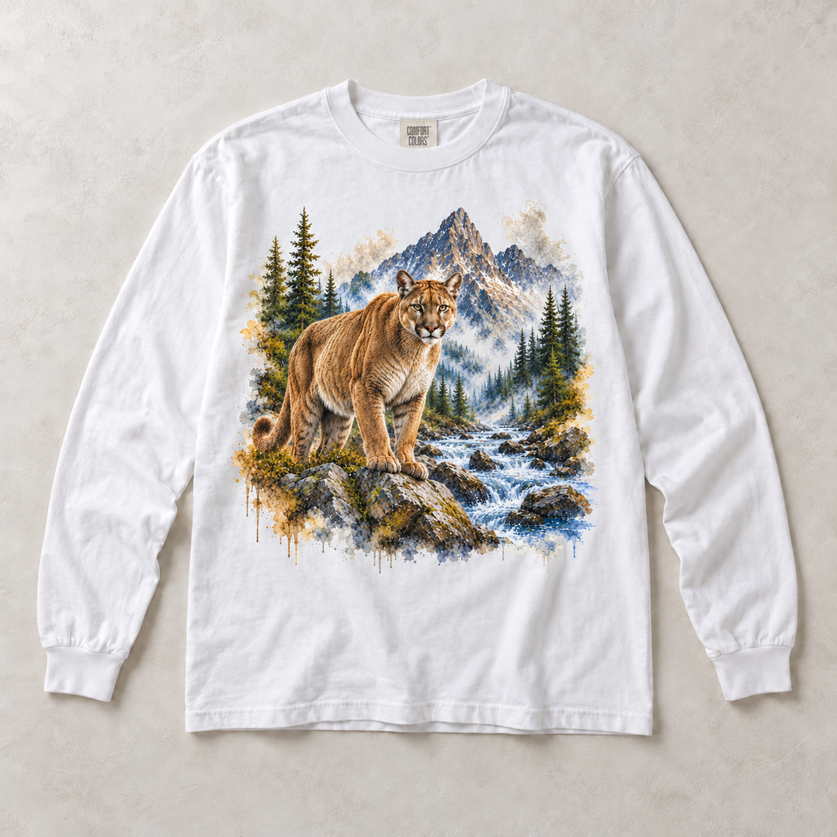 White Comfort Colors long-sleeve T-shirt with Cougar Mountain graphic, front flat lay