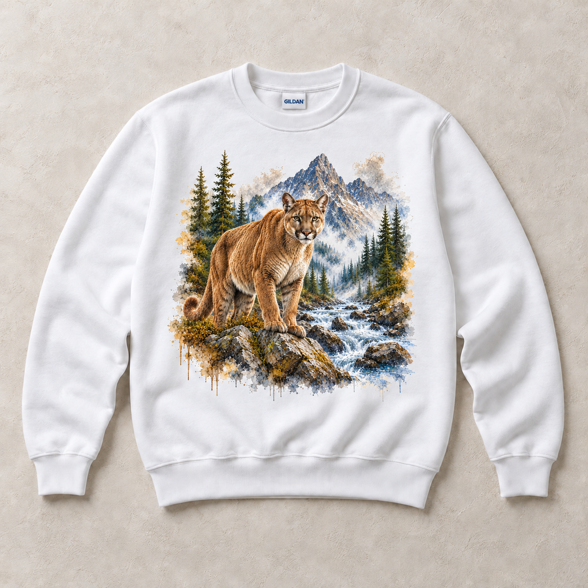 White Gildan crewneck sweatshirt with Cougar Mountain graphic, front flat lay