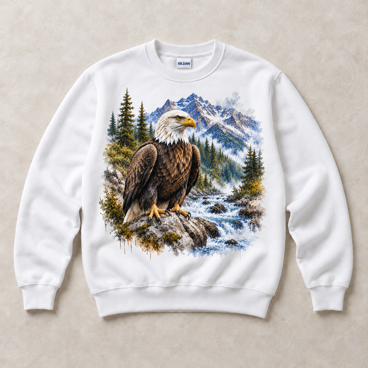 White Gildan crewneck sweatshirt with Bald Eagle Mountain graphic, front flat lay