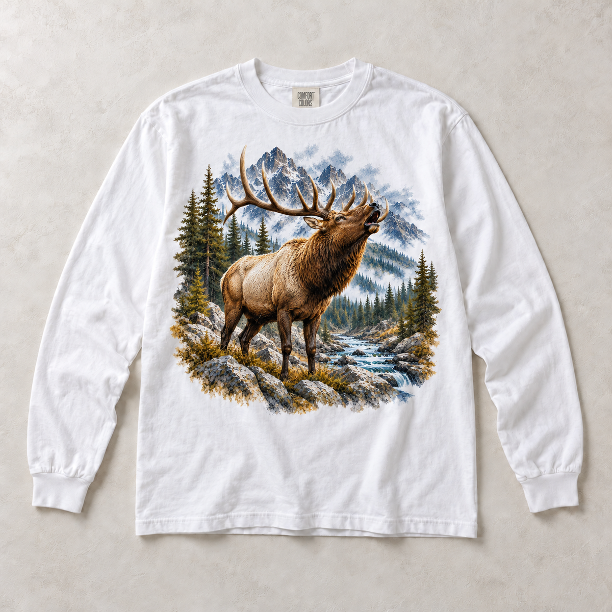 White Comfort Colors long-sleeve T-shirt with Elk Mountain graphic, front flat lay