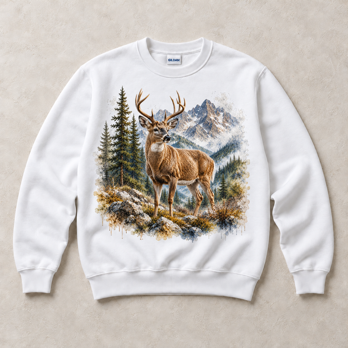 White Gildan crewneck sweatshirt with Deer Mountain graphic, front flat lay