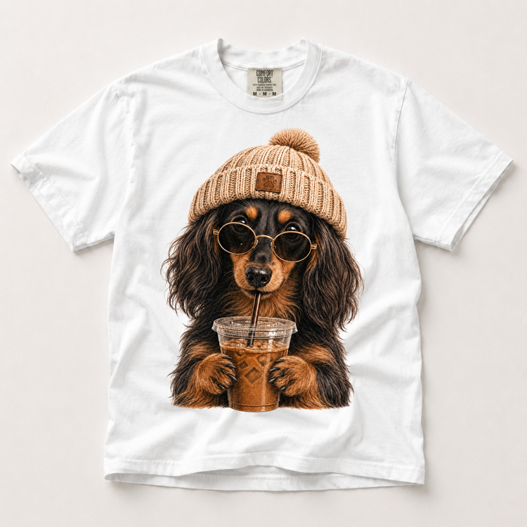 Long Haired Dachshund Iced Coffee Shirt, Funny Wiener Dog Mom Tee, Comfort Colors