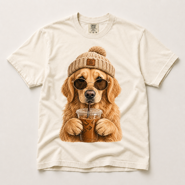 Golden Retriever Iced Coffee, Funny Dog Mom Comfort Colors graphic T-shirt by Madi Moosh
