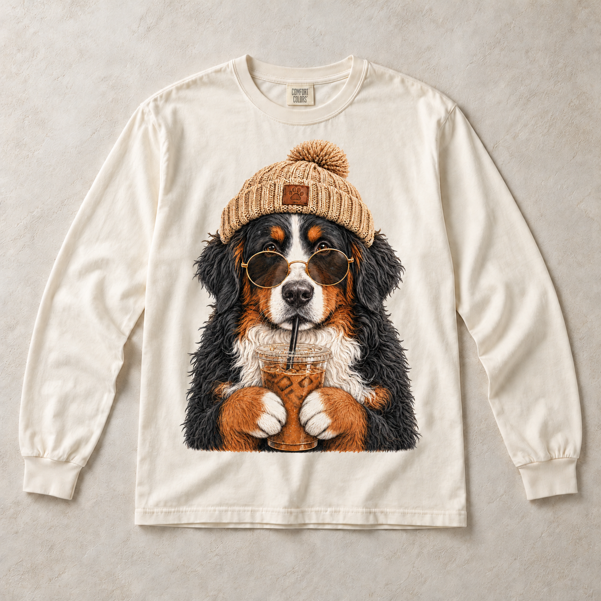 Ivory Comfort Colors long-sleeve T-shirt with Bernese Mountain Dog Iced Coffee graphic, front flat lay