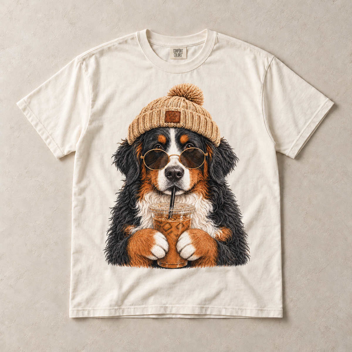 Ivory Comfort Colors short-sleeve T-shirt with Bernese Mountain Dog Iced Coffee graphic, front flat lay