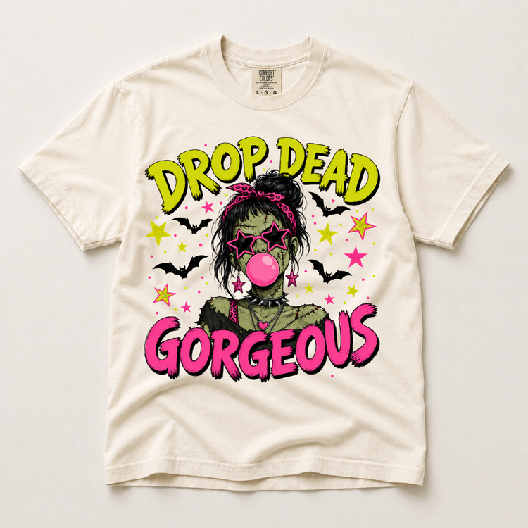 Drop Dead Gorgeous Shirt, Trendy Frankenstein Girl Halloween Graphic Comfort Colors Tee