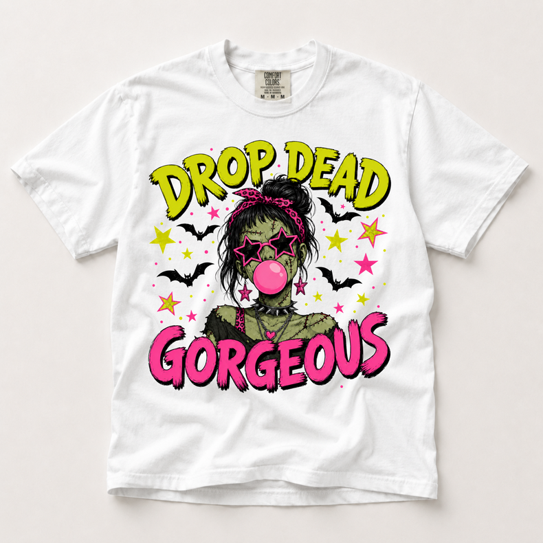 Drop Dead Gorgeous Shirt, Trendy Frankenstein Girl Halloween Graphic Comfort Colors Tee