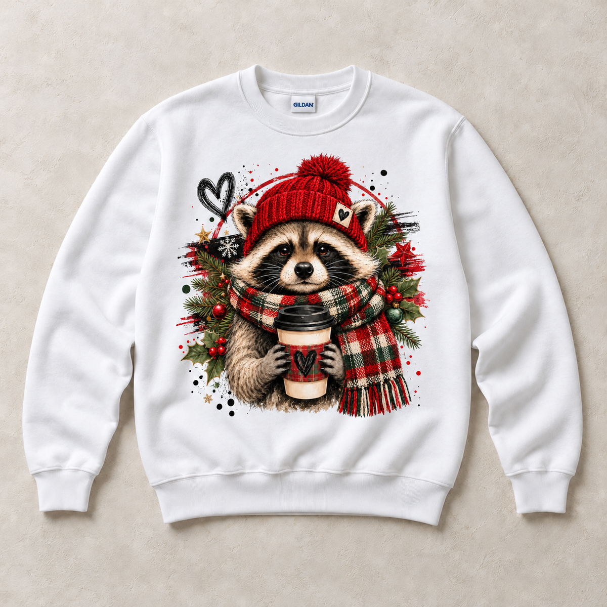 White Gildan crewneck sweatshirt with Christmas Raccoon Coffee graphic, front flat lay