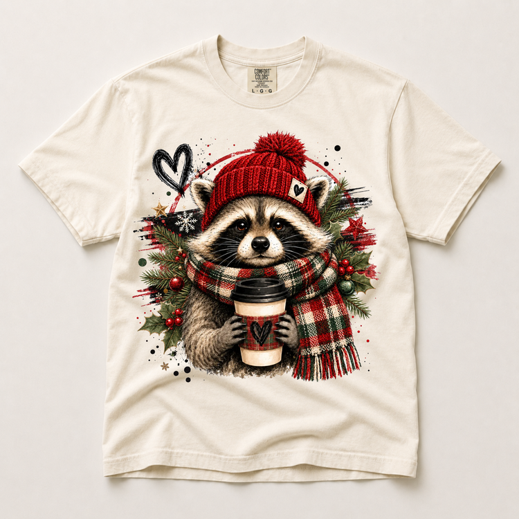 Christmas Raccoon Shirt, Cute Winter Animal Tee, Coffee Lover Comfort Colors T-Shirt