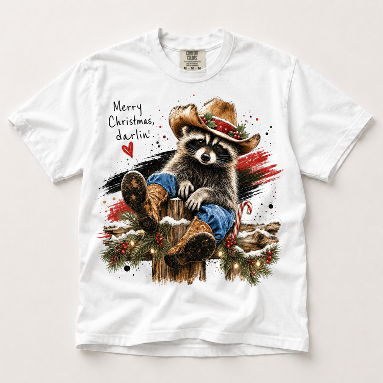 Merry Christmas Darlin Shirt, Western Raccoon Holiday Tee, Comfort Colors T-Shirt