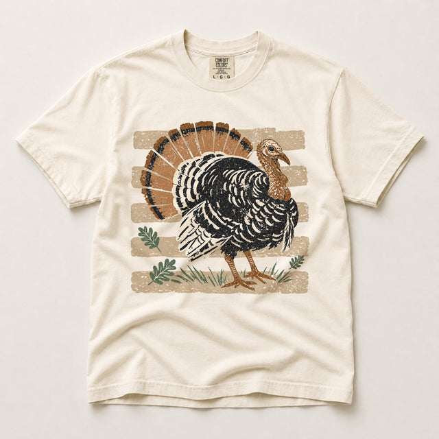 Ivory Comfort Colors T-shirt with a distressed vintage turkey, tan brushstroke stripes and green fall leaves
