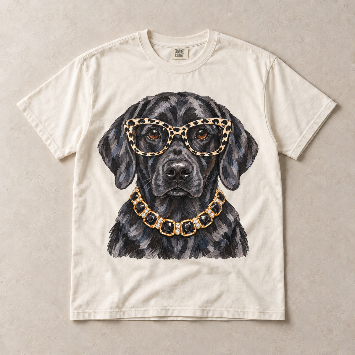 Ivory Comfort Colors short-sleeve T-shirt with Black Labrador Leopard Glasses graphic, front flat lay