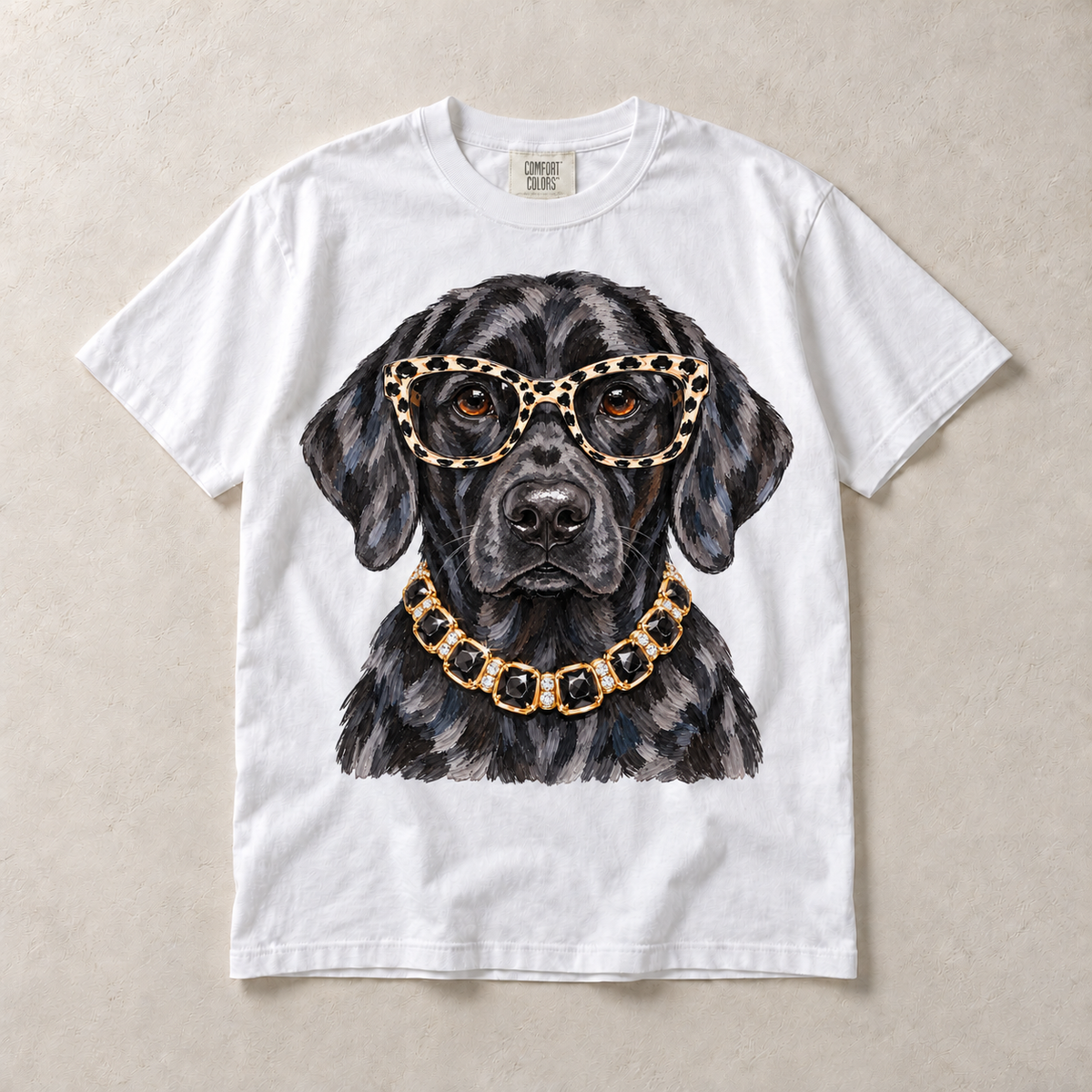 White Comfort Colors short-sleeve T-shirt with Black Labrador Leopard Glasses graphic, front flat lay