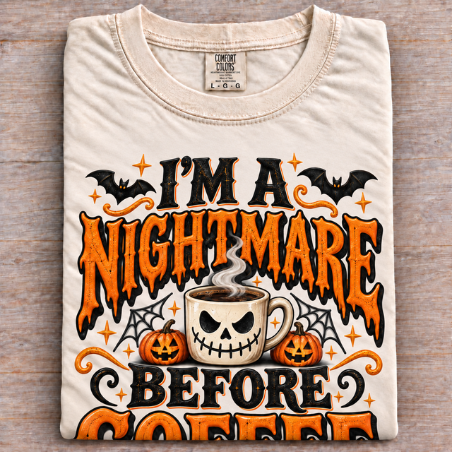 I'm a Nightmare Before Coffee Halloween shirt in natural with oversized orange and black print