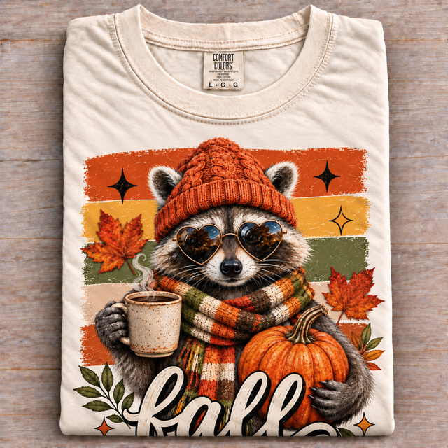 Natural Comfort Colors fall raccoon shirt with pumpkin and coffee graphic folded on wood