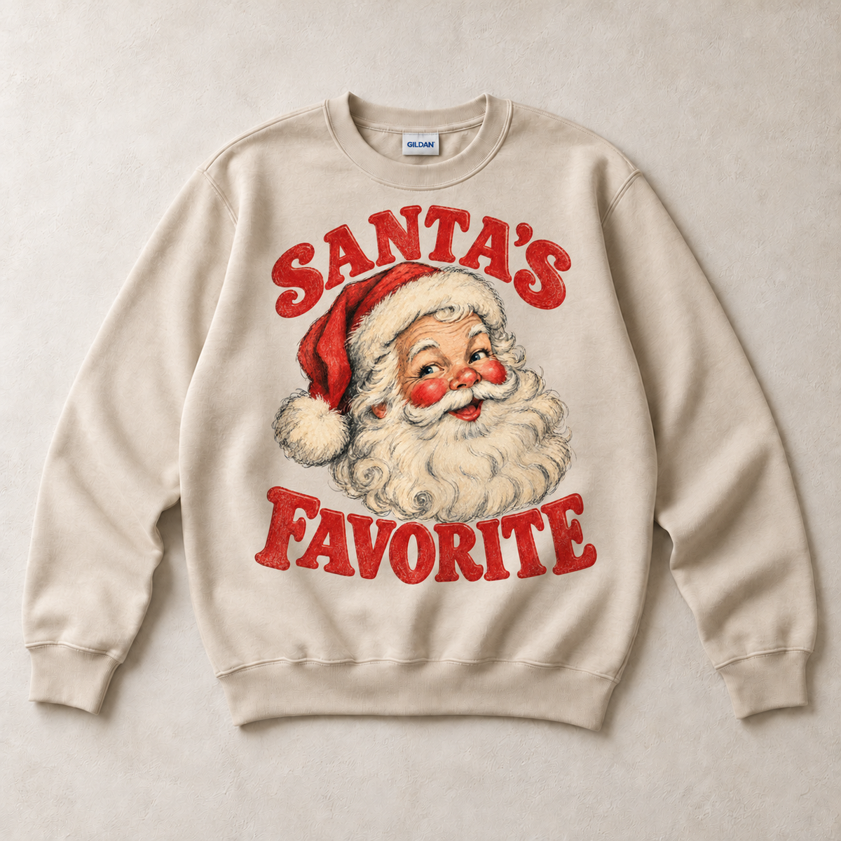 Sand Gildan crewneck sweatshirt with Santa's Favorite Vintage Christmas graphic, front flat lay
