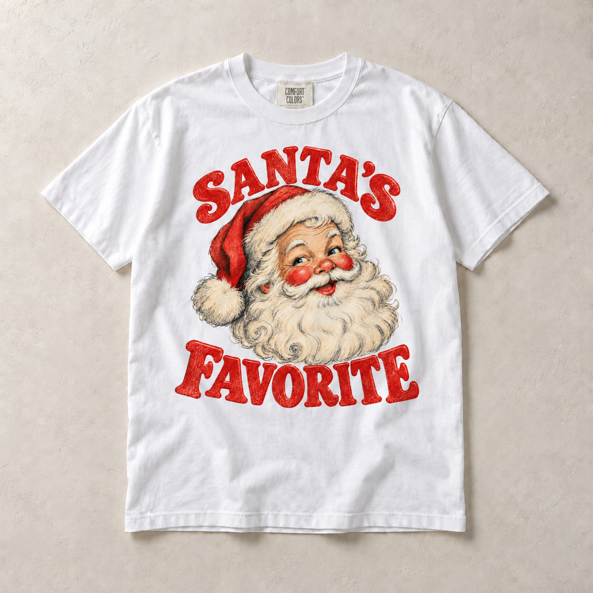 White Comfort Colors short-sleeve T-shirt with Santa's Favorite Vintage Christmas graphic, front flat lay