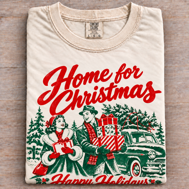 Natural Comfort Colors Home for Christmas shirt folded on wood